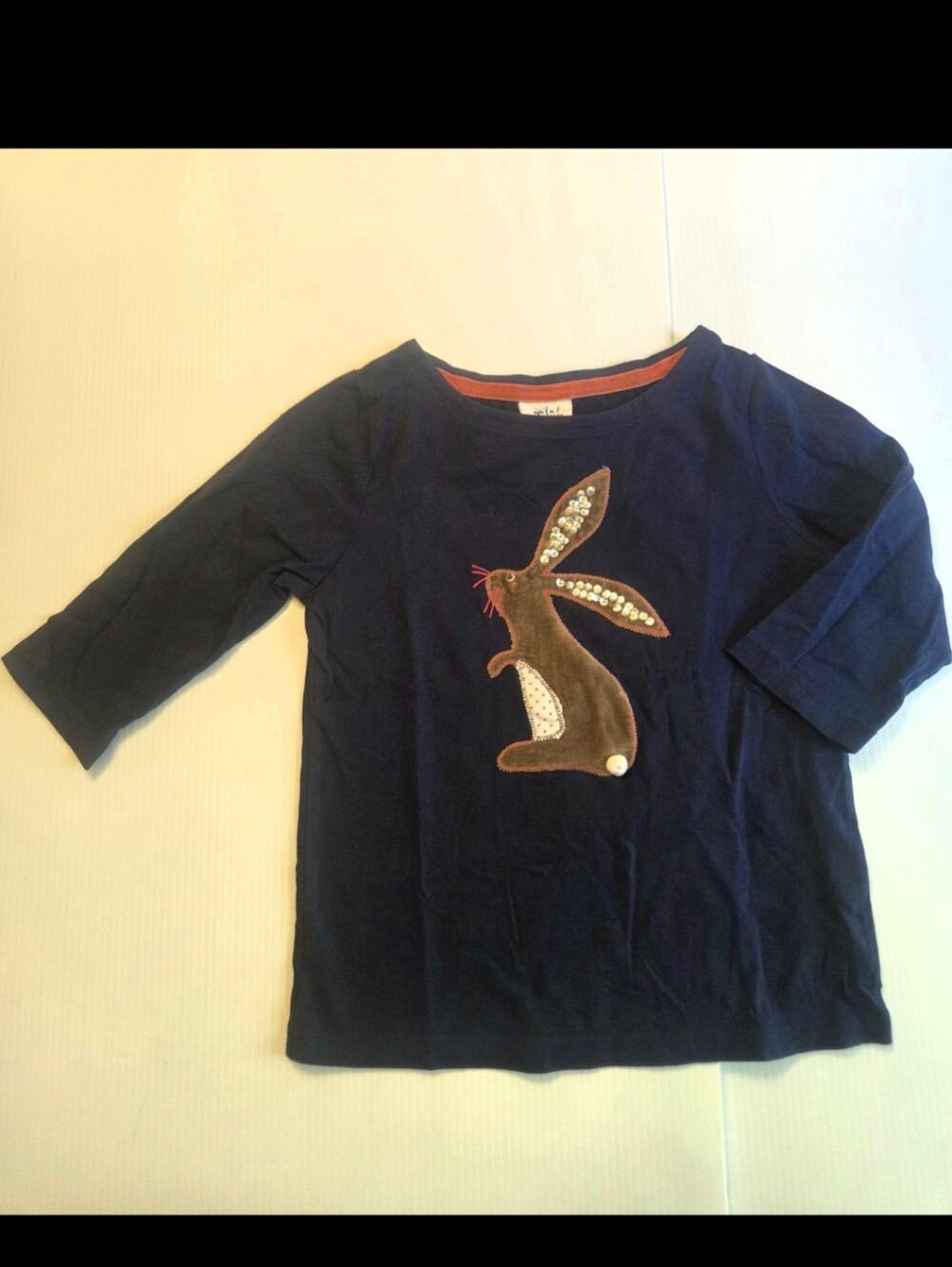 Mini Boden 5-6 Navy Twinkly Animal Applique 3/4 Sleeve Tee Sequin Bunny Rabbit